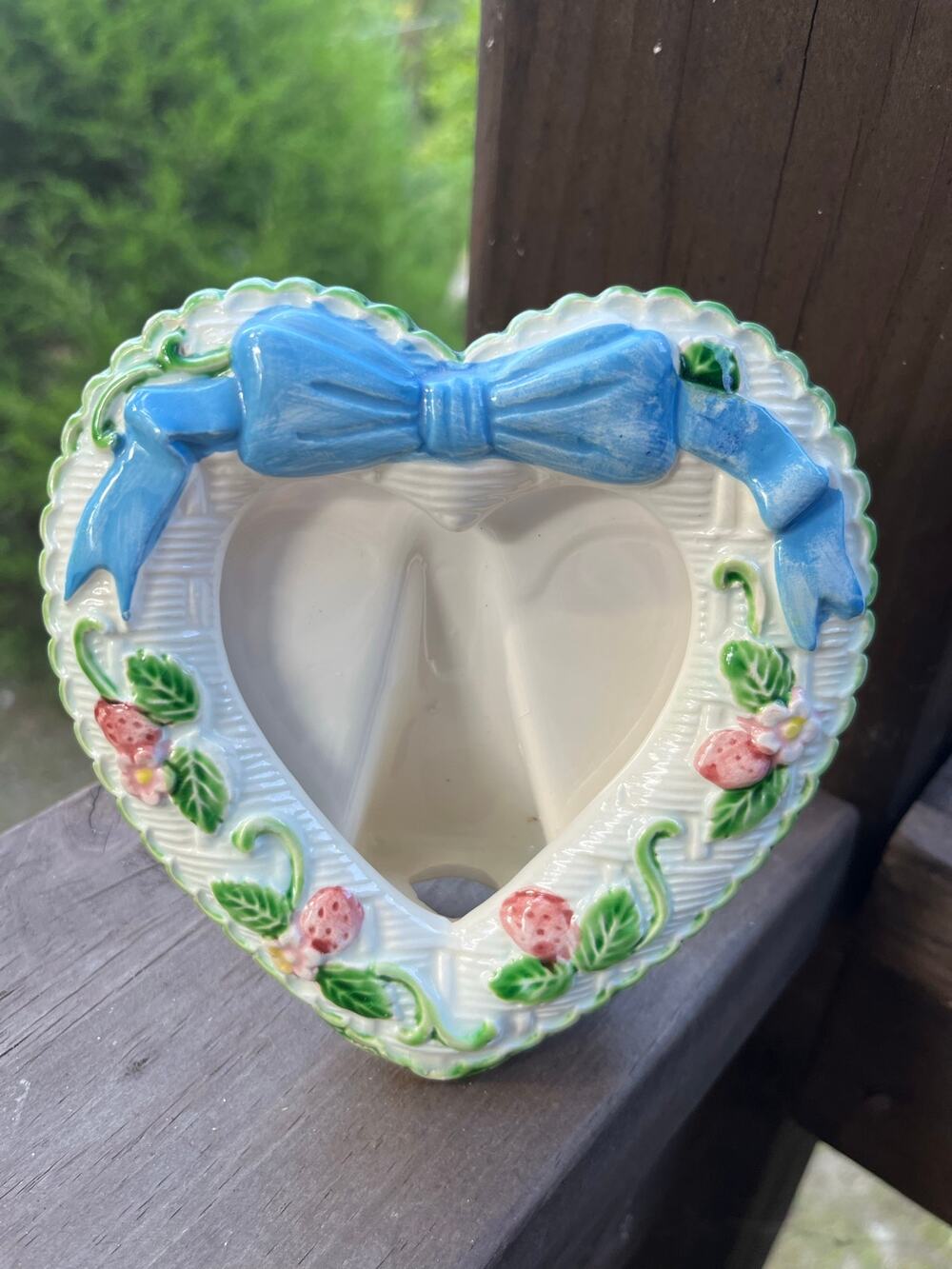 Vintage Holden Group Ceramic Heart Photo Frame 1987 Blue Bow Roses Easel Back